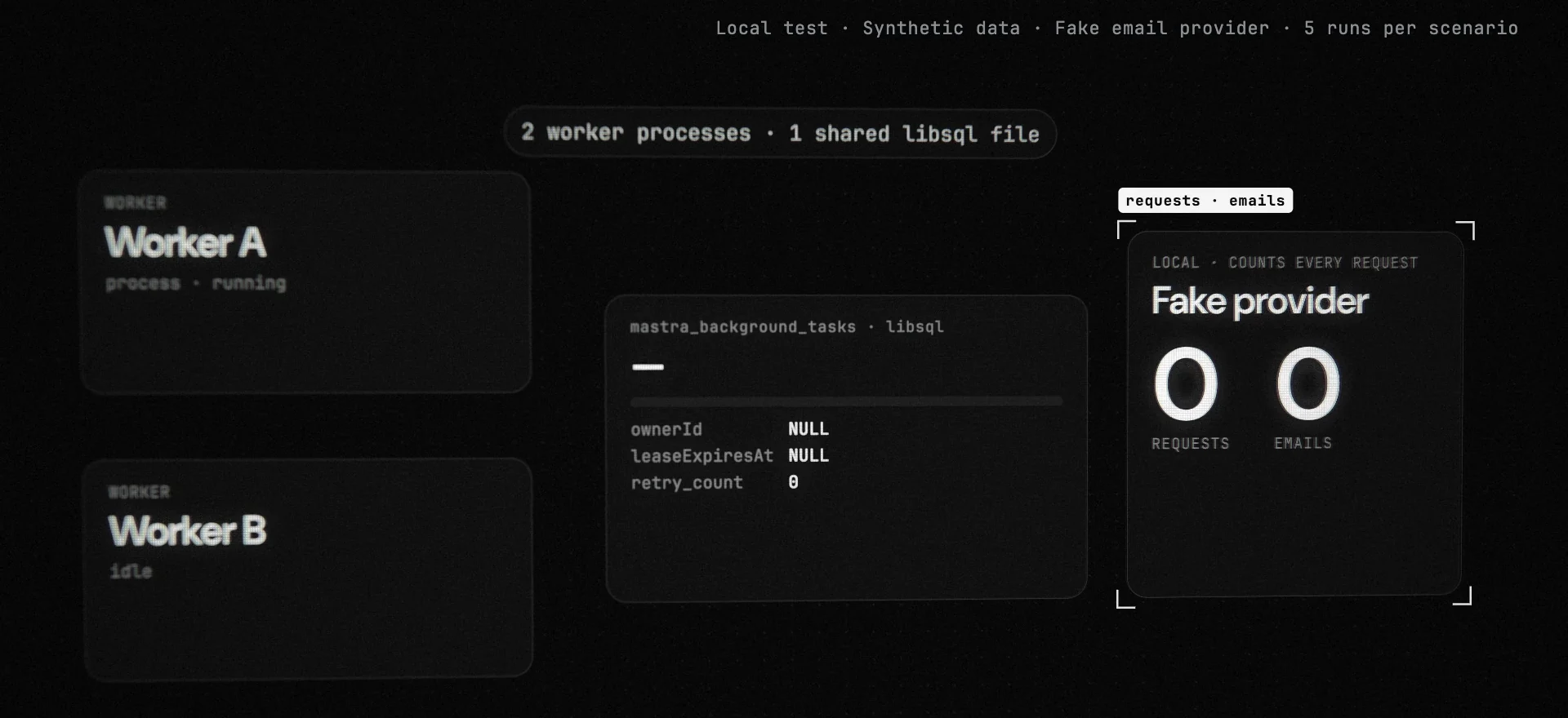 Frame from the explainer video: Worker A and Worker B cards, one shared libSQL task table with owner and lease empty, and a fake email provider whose request and email counters are both zero